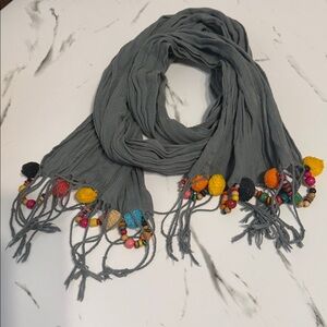 Gray Lightweight Scarf with Colorful Tassels and Beads